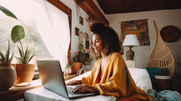 집에서 노트북으로 일하는 젊은 아프리카계 미국인 여성 프리랜서 개념