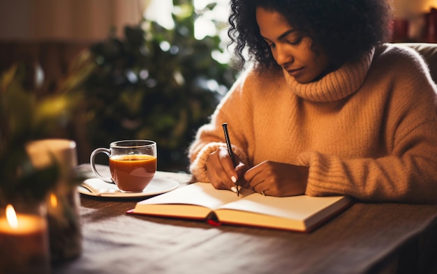 写真 若いアフリカ系アメリカ人の女性作家がノートパッドで書きお茶を飲み自宅でウェルネスを楽しんでいます