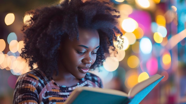 Young african american women studying book bokeh background Womens Day Concept Women Empowerment Through Education