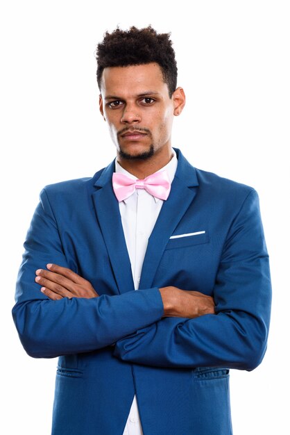 young African businessman with arms crossed isolated on white