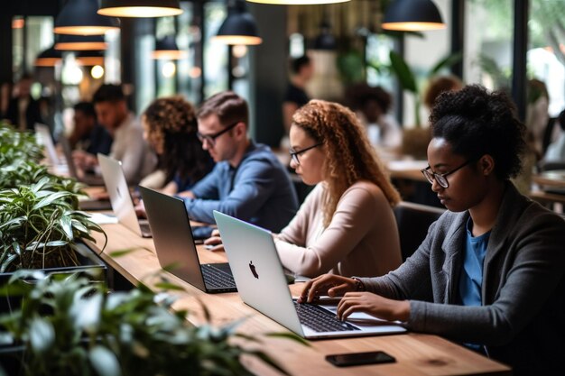 Foto giovani uomini e donne africani e caucasici seduti in ufficio e che lavorano ai portatili.