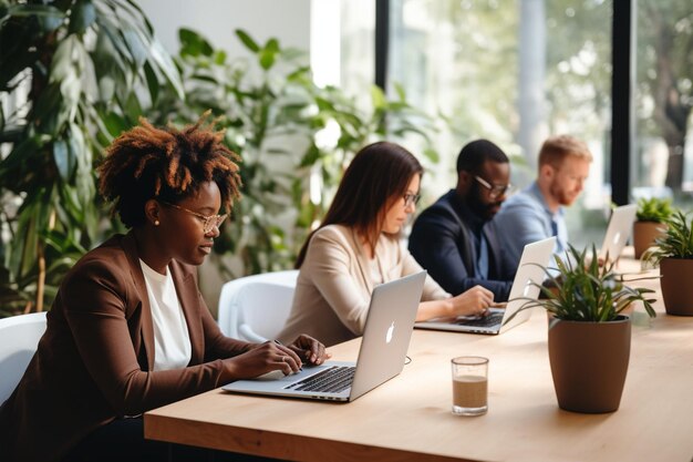 Young african and caucasian men and women sitting at office and working on laptops