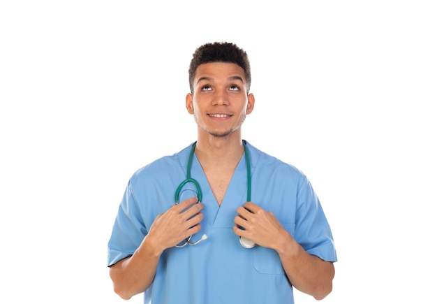 Young african doc with blue uniform isolated on a white background