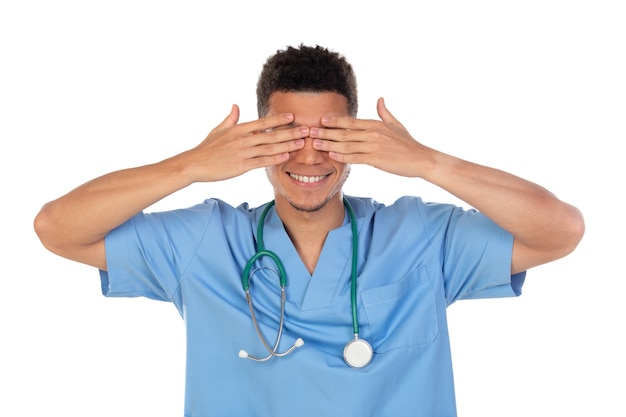 Young african doc with blue uniform isolated on a white background