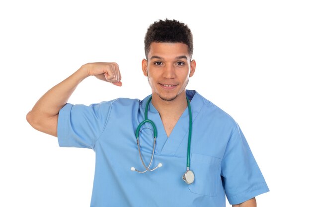 Young african doc with blue uniform isolated on a white background