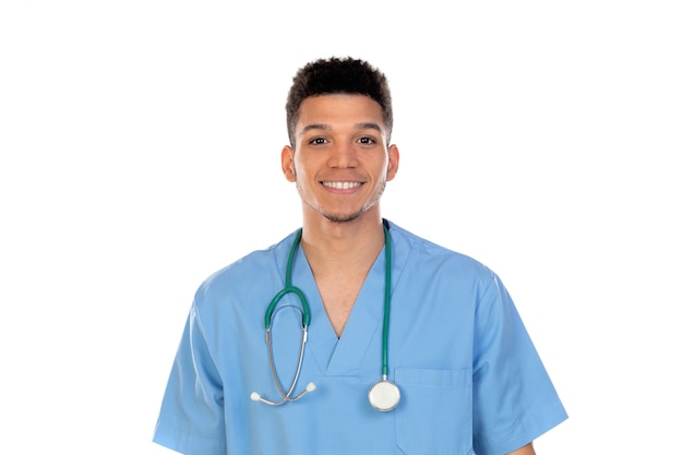 young african doc with blue uniform isolated on a white background