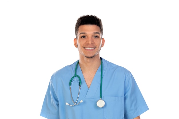 Young african doc with blue uniform isolated on a white background