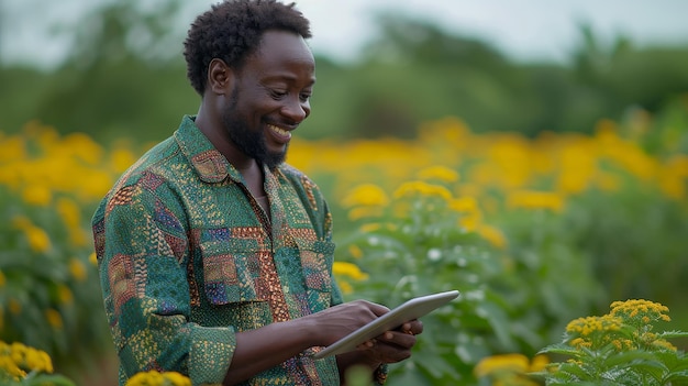 유기농 농업과 지속 가능한 성장에 대해 작업하는 젊은 아프리카 농부 태블릿에서 미소 짓는 야외 노동자 유기농과 지속적인 성장에 대해
