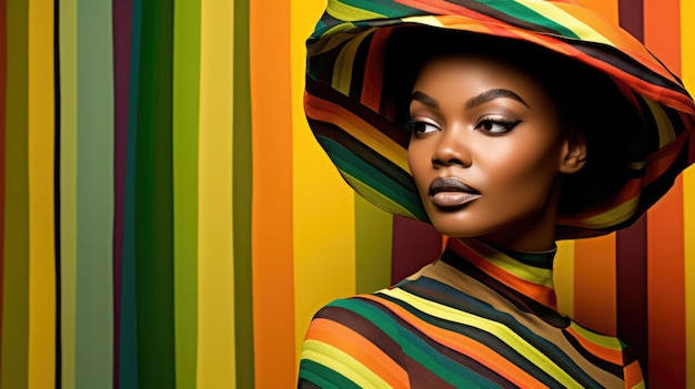 Young african female model posing with trendy fashion outfit and colorful optical art abstract background Picturesque generative AI