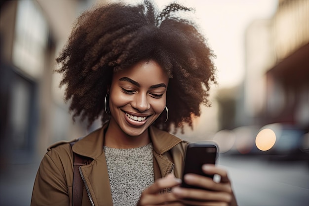 Young African girl happy using smartphone in the city generative IA