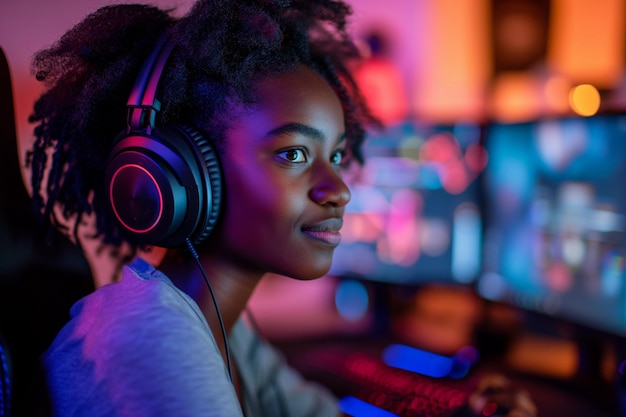 젊은 아프리카 소녀가 프로 비디오 게임의 세계에 몰입했습니다.
