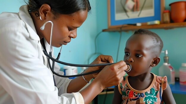 Photo a young african girl is being examined by a female doctor the doctor is holding a stethoscope to the girls chest