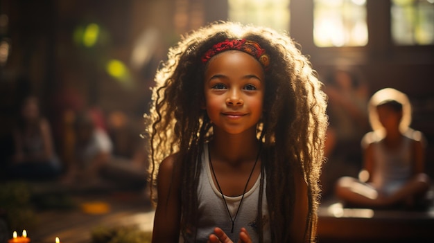 Young african girl practices yoga