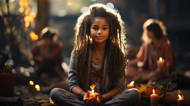 Young african girl practices yoga