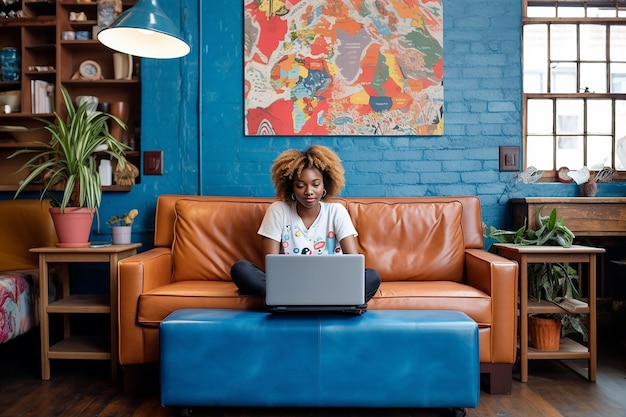 a young African girl sits on a retro leather sofa at a laptop in the interior of a youth loft apartm