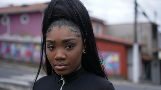 A young an African girl standing outside looking at camera