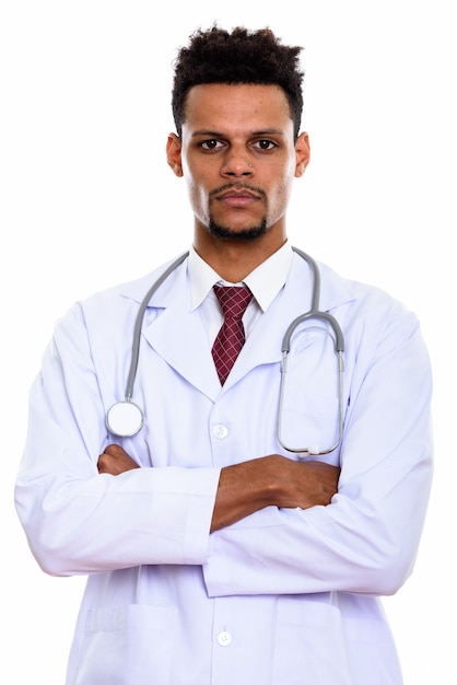 young African man doctor with arms crossed isolated on white