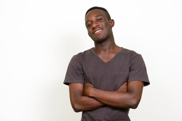 young African man isolated against white space