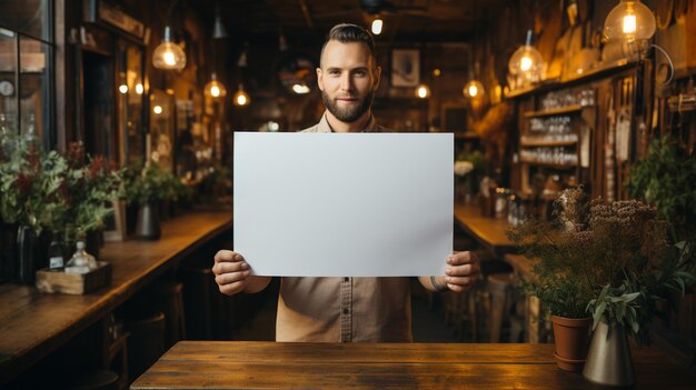 young african man showing blank paper on grey background