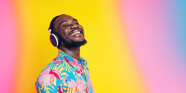 Foto giovane uomo africano che sorride e ascolta buona musica o podcast contro uno sfondo a gradiente di colore