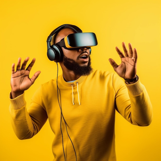 Young african man wearing VR glasses Created with Generative AI technology