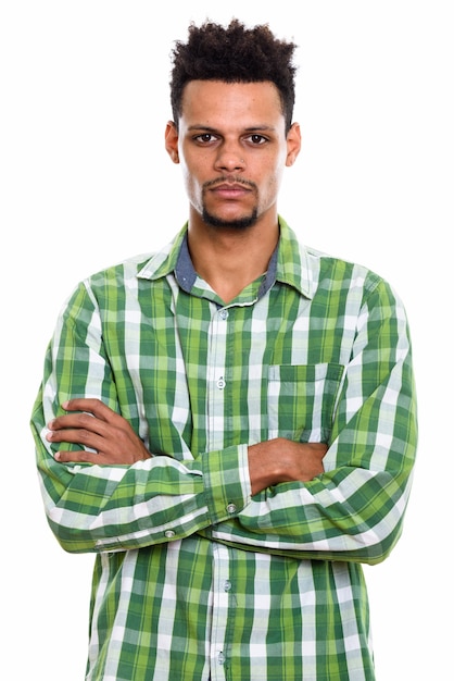 young African man with arms crossed isolated on white