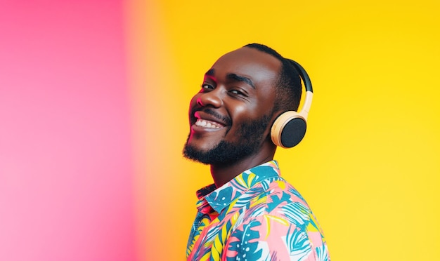 Молодой африканский мужчина в красочной рубашке улыбается и слушает хорошую музыку или подкаст