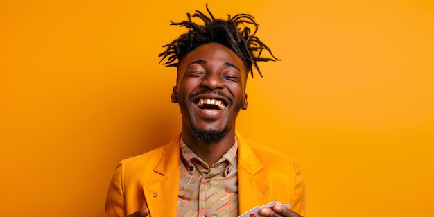 Young african man with dreadlocks standing over yellow background celebrating mad and crazy for success with arms raised and closed eyes screaming excited winner concept