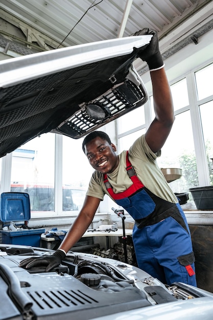 Photo young african man working under the hood of car fixing engine in auto service