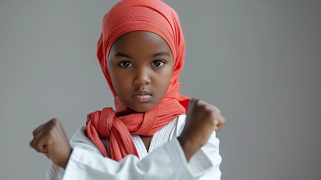 ヒジャブを着た若いアフリカのイスラム教徒の女の子がテキストや製品のスペースがあるきれいな白い背景で空手を習っているジェネレーティブAI