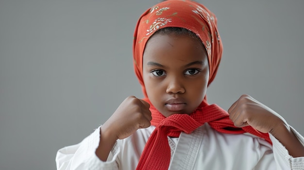 ヒジャブを着た若いアフリカのイスラム教徒の女の子がテキストや製品のスペースがあるきれいな白い背景で空手を習っているジェネレーティブAI