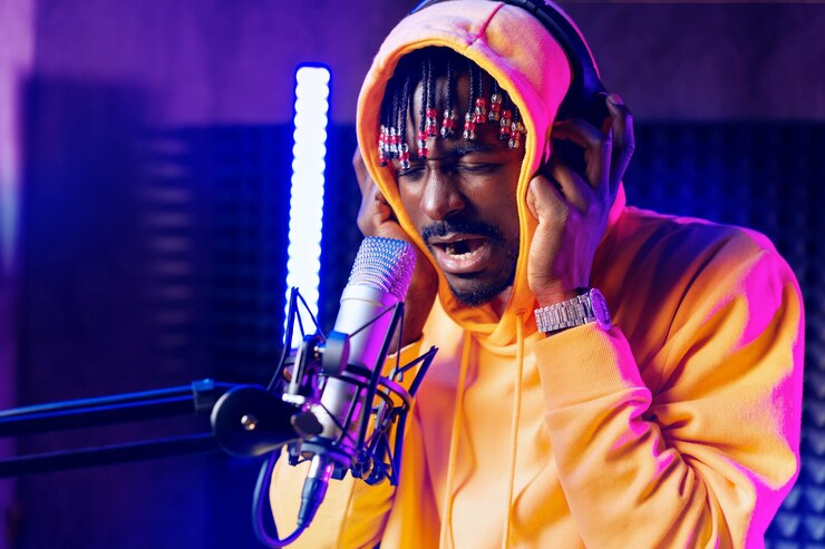 Photo young african performer recording his new track in recording studio