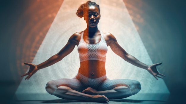 Young african woman in advanced yoga pose double exposure energy ripple in the body heroic Generative AI AIG20