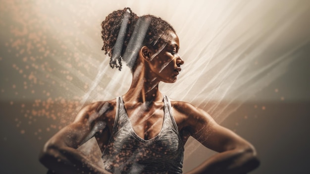 Young african woman in advanced yoga pose double exposure energy ripple in the body heroic generative ai aig20