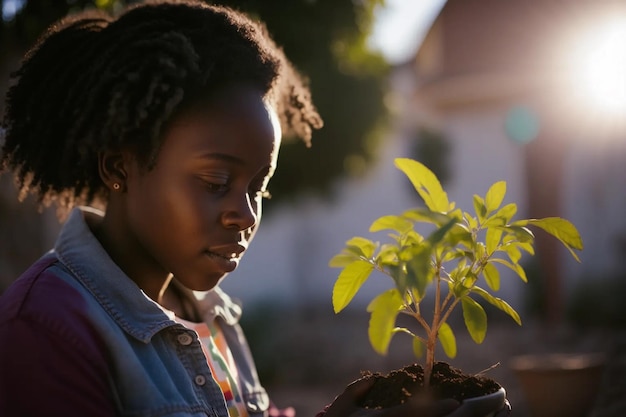 A young african woman in her garden Young girl taking care of her vegetable garden Concept of new organic business AI generation