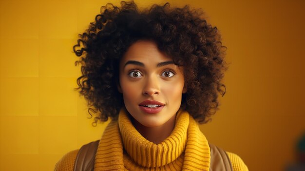 A young african woman is isolated on a yellow background generative ai