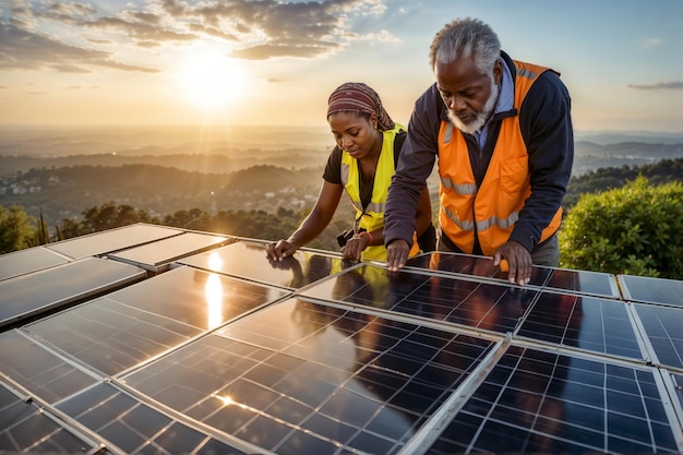 Young African woman and senior male African man installing solar panels on modern house rooftop