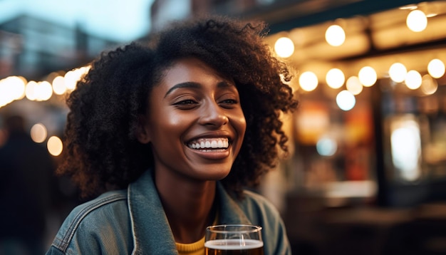 A young African woman smiling enjoying a drink outdoors at night generated by artificial intelligence