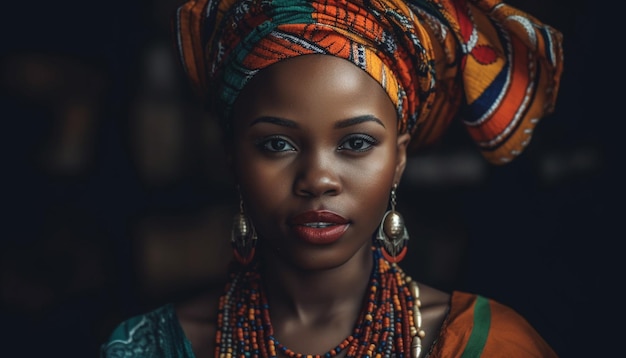 Young African woman in traditional clothing exudes confidence and elegance generated by artificial intelligence