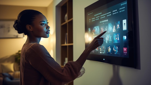 Foto giovane donna africana che utilizza un touch screen per controllare e monitorare il sistema di sicurezza energetica della sua casa, visualizzato su un dispositivo montato a parete