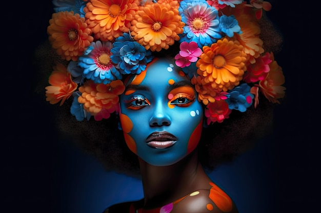 A young african woman with colorful makeup sits in a dark room inspired by pop art and flower power with dark orange and light azure tones Perfect for contemporary design Generative AI