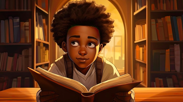 Young AfricanAmerican Boy in Library Cute Kid Studying and Learning While Reading Book for School