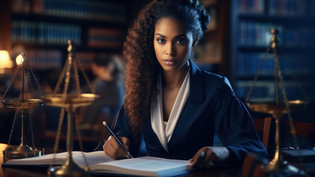 Photo young africanamerican female lawyer working in her office generative ai