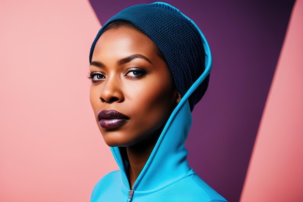 Young AfricanAmerican girl in blue clothes with hood against bright colored