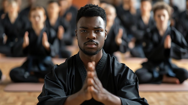 A young AfricanAmerican man in a black martial arts uniform sits in a meditative pose with his eyes closed and his hands clasped in front of him