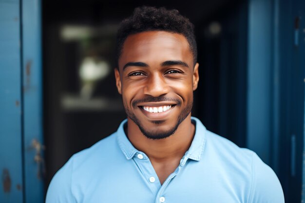 A young AfricanAmerican man in a blue tshirt stands in front of the door l