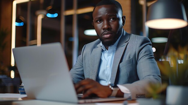 Молодой афроамериканский профессионал сидит за своим столом в тускло освещенном офисе, работая поздно по проекту.