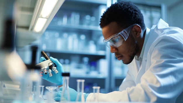 A young AfricanAmerican scientist wearing a lab coat and safety goggles is working in a laboratory He is looking at a microscope slide