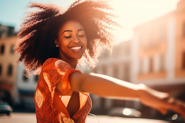 Молодая афроамериканка счастливо танцует и прыгает на улице, созданная с помощью ИИ
