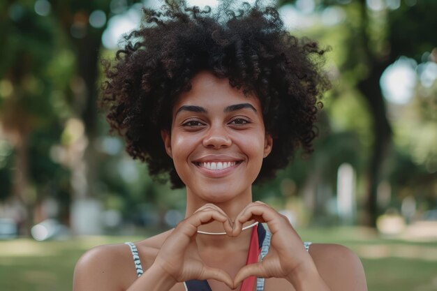 Photo young africanamerican woman strike the inspireinclusion pose to show solidarity the girls hands are folded fingers into a heartshaped hand international womens day 2024